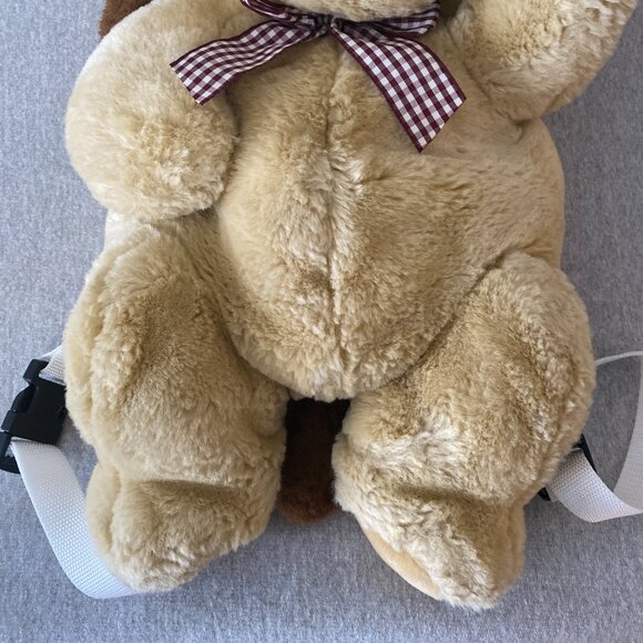 Cute Brown Tan Burgundy White Gingham Bow Puppy Dog Plush Backpack 18" - Picture 8 of 13
